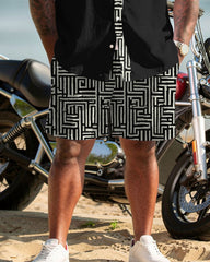 Big & Tall Men's Retro Geometric Patchwork Printed Cardigan Short Sleeve Shirt Shorts Set