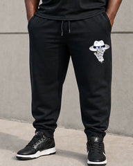 Big & Tall Men's Mysterious Guest Pattern Printed Black Short-Sleeved T-Shirt Pants Set