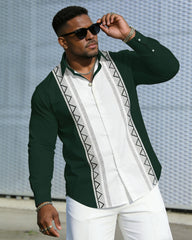 Men's Plus Size Casual Holiday White & Green Geometric Gentleman Wrinkle-Reproof New Lapel Long Sleeve Shirt