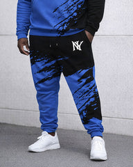 Men's Plus Size Winter Warm Black & Blue Splash Ink Design Printed Hoodie Sweatpants Set