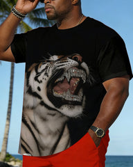 Big & Tall Spring And Summer New Valentine's Day Dating Party Party Holiday 3D Tiger Pattern Printed Crewneck Short Sleeve T-Shirt Shorts Set Couple Dress
