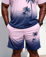 Big & Tall Men's Pink Holiday Hawaiian Coconut Tree Gradient POLO Shirt Short Sleeve Shorts Set