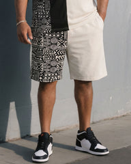 Big & Tall Men's Ethnic Pattern Stitching Chest Smiley Printed T-shirt Shorts Khaki Suit