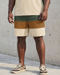 Big & Tall Men's Green & Khaki & Apricot Large Color Block Stitching Chest Printed Short Sleeve T-Shirt Shorts Set
