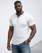 Men's Henley Shirt Short-sleeved Men's Solid Color T-shirt Top T-shirt Badge Breathable Loose Colored Cotton Fabric