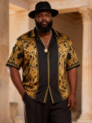 Big & Tall Men's Black And Gold Baroque Print Short Sleeve Shirt Pants Set