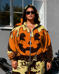 Women's Plus Size Halloween Pumpkin Ghost Print Cardigan Hoodie Set