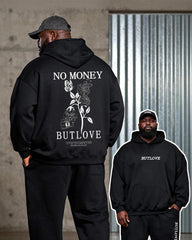 Big & Tall Men's Black "NO MONEY BUT LOVE" Floral Butterfly Print Hoodie Set