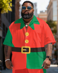Big & Tall Men's Christmas Elf Cosplay Printed Short Sleeve Shirt Shorts Set