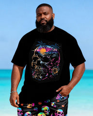 Big & Tall Men's Neon Skull Trendy Cool Printed Crewneck Short Sleeve T-Shirt Shorts Set