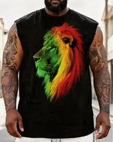 Big & Tall Men's Red, Yellow, And Green Gradient Side-Profile Lion Head Print Crewneck Athletic Tank Top