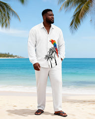 Big & Tall Men's White Bottom Coconut Parrot Print Long Sleeve Shirt Pants Set