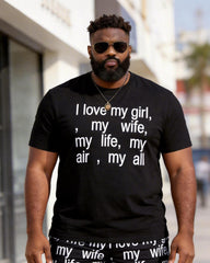 Big & Tall Men's "I Love My Girl" Letter Print Crew Neck Short Sleeve T-shirt Shorts Set