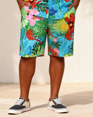 Big & Tall Men's Painted Tropical Floral Contrast Printed Short Sleeve Shirt Shorts Set