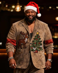 Big & Tall Men's Christmas Vintage Elk And Christmas Tree Print Suit