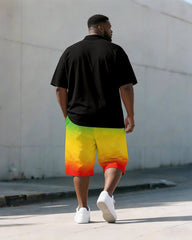 Big & Tall Men's Juneteenth Distressed Flag Reggae Color Printed POLO Short Sleeve Shorts Set