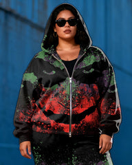 Women's Plus Size Halloween Emoji Graffiti Print Cardigan Hoodie Set