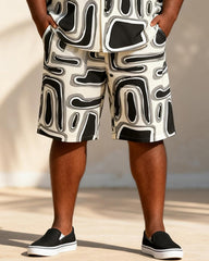 Big & Tall Men's Black And White Flowing Geometric Print Short Sleeve Shirt Shorts Set