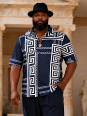 Big & Tall Men's Navy Greek Printed Short Sleeve Shirt Trousers Suit