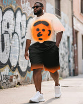 Men's Plus Size Street Graffiti Orange Fun Expression Print Round Neck Short Sleeve T-Shirt Shorts Suit