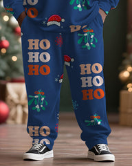 Big & Tall Men's Santa Claus Letter Blue Print Long Sleeve T-Shirt Pants Set