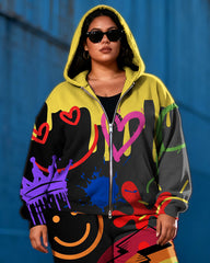 Women's Plus Size Graffiti Love Expression Print Cardigan Hoodie Set