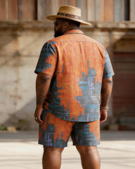 Big & Tall Men's Color Contrast City Architecture Printed Short Sleeve Shirt Shorts Set