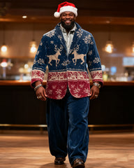 Big & Tall Men's Christmas Vintage Blue And Red Elk Print Suit