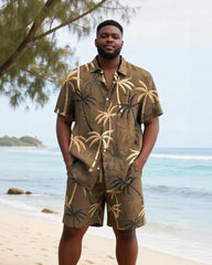 Big & Tall Men's Brown Coconut Retro Printed Short Sleeve Shirt Shorts Set