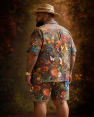 Big & Tall Men's Jungle Floral Butterfly Print Short Sleeve Shirt Shorts Set