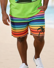 Big & Tall Men's MIAMI BEACH Rainbow Stripe Printed Crewneck Short Sleeve T-Shirt Shorts Set
