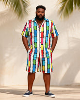 Big & Tall Men's Rainbow Graffiti Stripe Contrast Print Short Sleeve Shirt Shorts Set