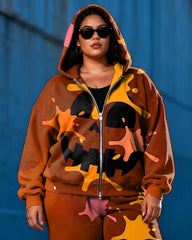 Women's Plus Size Halloween Pumpkin Graffiti Print Cardigan Hoodie Set