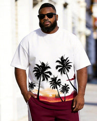 Big & Tall Men's Coconut Tree Sunset Wine Red Striped Printed Crewneck Short Sleeve T-Shirt Shorts Set