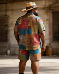 Big & Tall Men's Colorblock Patch Printed Short Sleeve Shirt Shorts Set