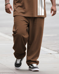 Big & Tall Men's Brown Striped Alphabet Print Long Sleeve T-Shirt Pants Set