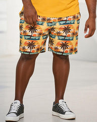 Big & Tall Men'sMIAMI Coconut Tree Sunset Print Round Neck Short Sleeve T-Shirt Shorts Set
