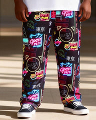 Big & Tall Men's Neon Tokyo Graffiti Print T-Shirt Pants Set