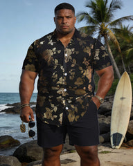 Big & Tall Men's Black And Gold Rose Pattern Short Sleeve Shirt Shorts Set
