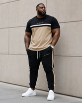 Big & Tall Men's Simple Casual Stitching Contrast Color Design Chest Handwritten Slogan Short Sleeve T-shirt Sports Pants Set