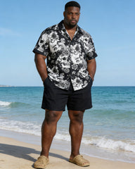 Large Size Men's Black Skull Rose Holiday Short Sleeve Shirt Shorts Set
