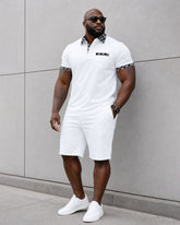 Big & Tall Men's White & Black Check Neckline Design Stitching POLO Shirt Short Sleeve Shorts Set