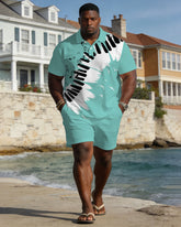 Large Size Men's Spring And Summer Leisure Vacation Business Party Green & White Music Pattern Short Sleeve POLO Shirt Shorts Set