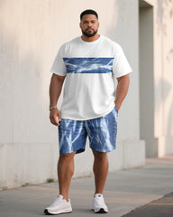 Big & Tall Men' Imitation Denim Wash Printed Stitching Short Sleeve T-shirt Shorts Set