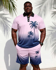 Big & Tall Men's Pink Holiday Hawaiian Coconut Tree Gradient POLO Shirt Short Sleeve Shorts Set
