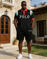 Distinctive Colored Neck Chest Print Polo Shirt Shorts Set Large Size Men