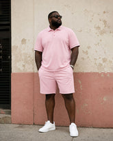 Big & Tall Men's Simple Daily Pink POLO Short-sleeved Shirt And Shorts Set