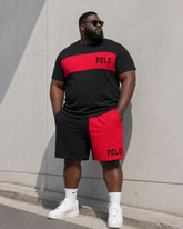 Big & Tall Men's Black And Red Patchwork Chest Logo Print T-Shirt And Shorts Set