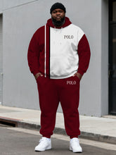 Large Size Men's Autumn And Winter Warm Cold-proof Dark Red & White Contrast Color Small Label Printed Kangaroo Large Pocket Hoodie Sweatpants Set