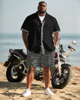 Big & Tall Men's Retro Geometric Patchwork Printed Cardigan Short Sleeve Shirt Shorts Set